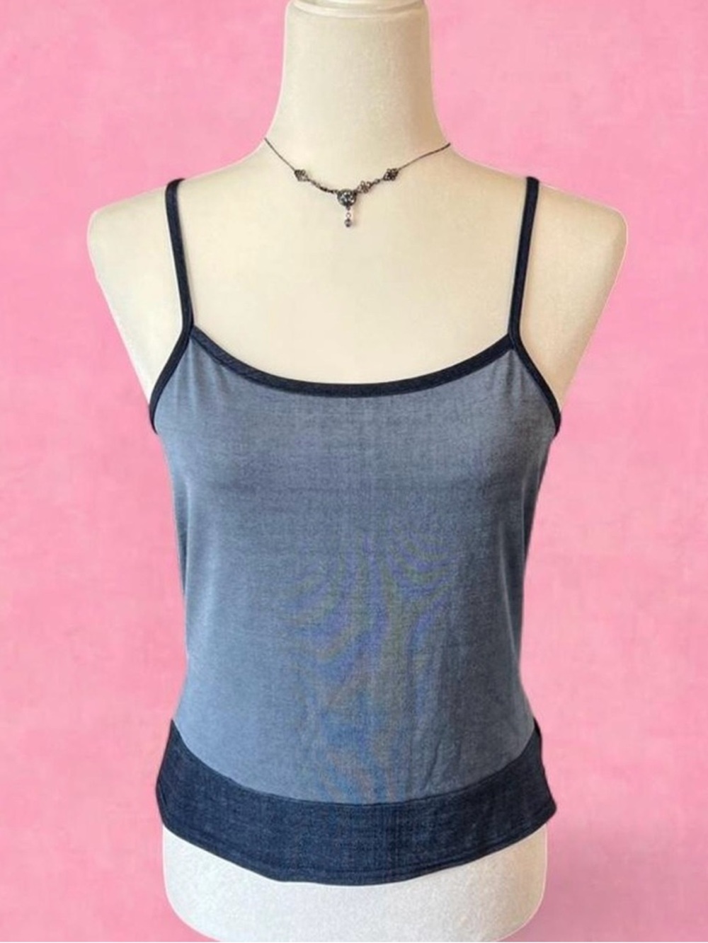 Light Blue Spaghetti-Strap Y2K Camisole with Dark Contrast Trim